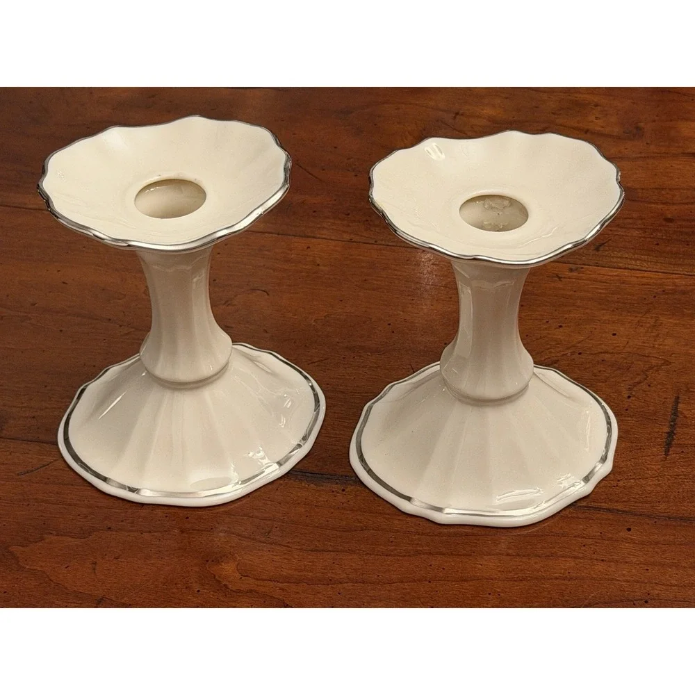 Pair of Vintage‎ Lenox Symphony Candlestick Holders Platinum Trim Ivory 4.5